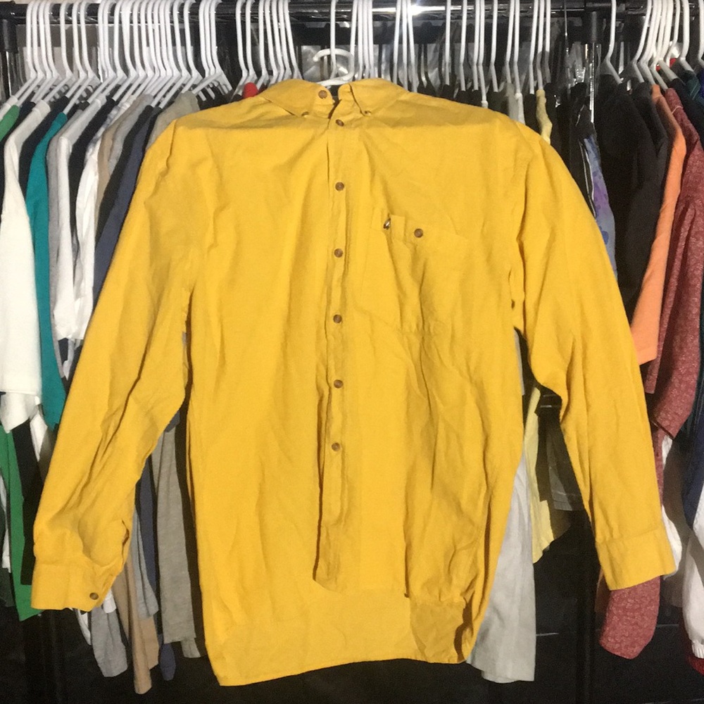 Corduroy Indian Feathers Yellow Button Down (Lg)
